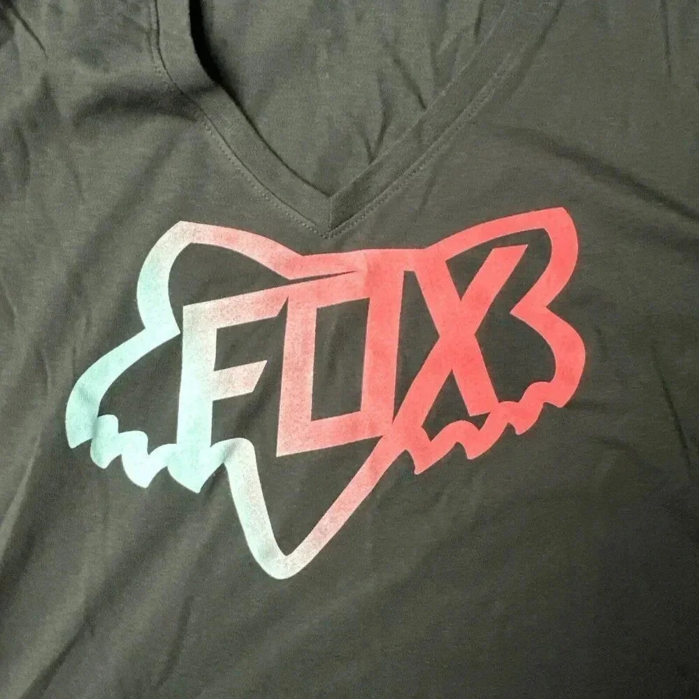 Fox Racing Women Top Black T-Shirt Logo Graphic Short Sleeve V Neck - Picture 16 of 16